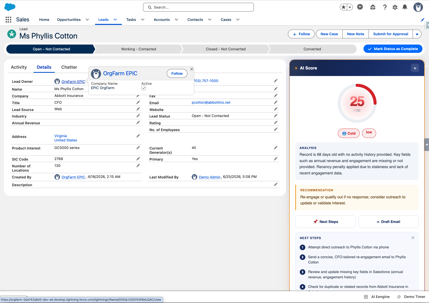 AI lead score card in Salesforce
