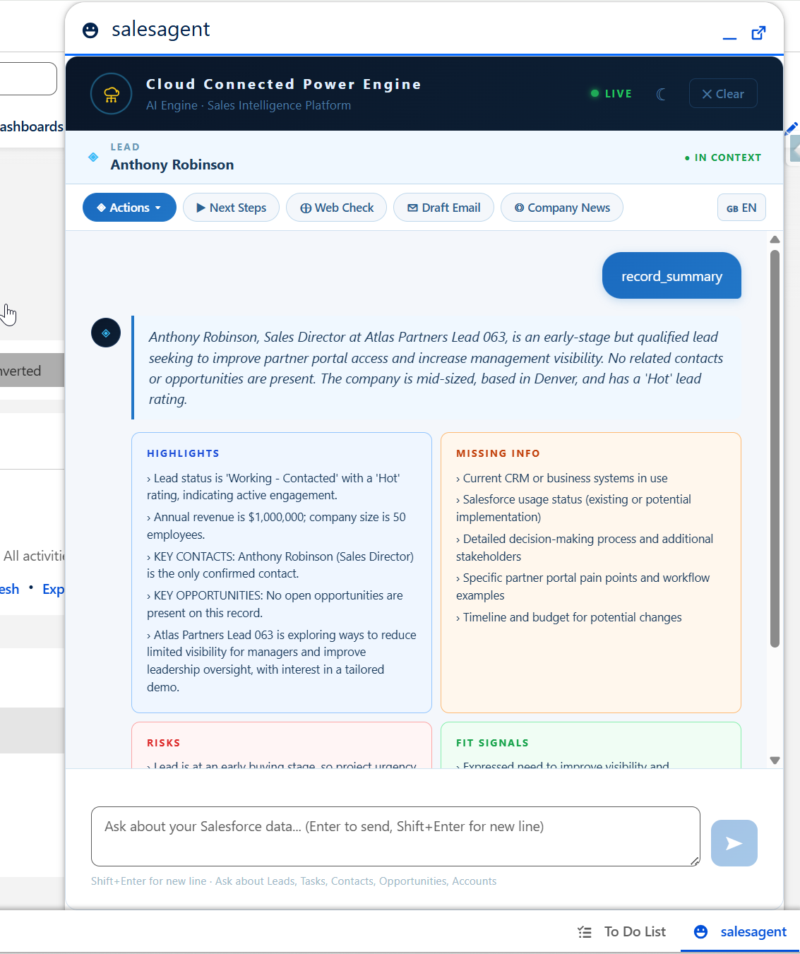 AI record summary highlights card in Salesforce